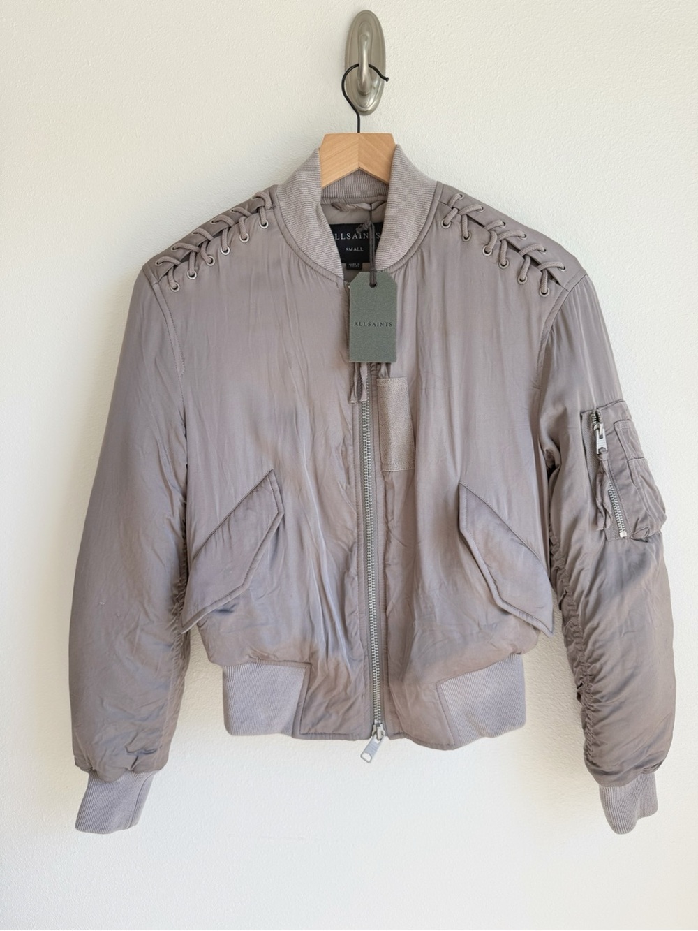 AllSaints gray/purple Bomber Jacket with Ribbed Collar